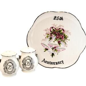 Vintage 25th Anniversary Plate & Salt Pepper Shaker Set Porcelain Silver Trim